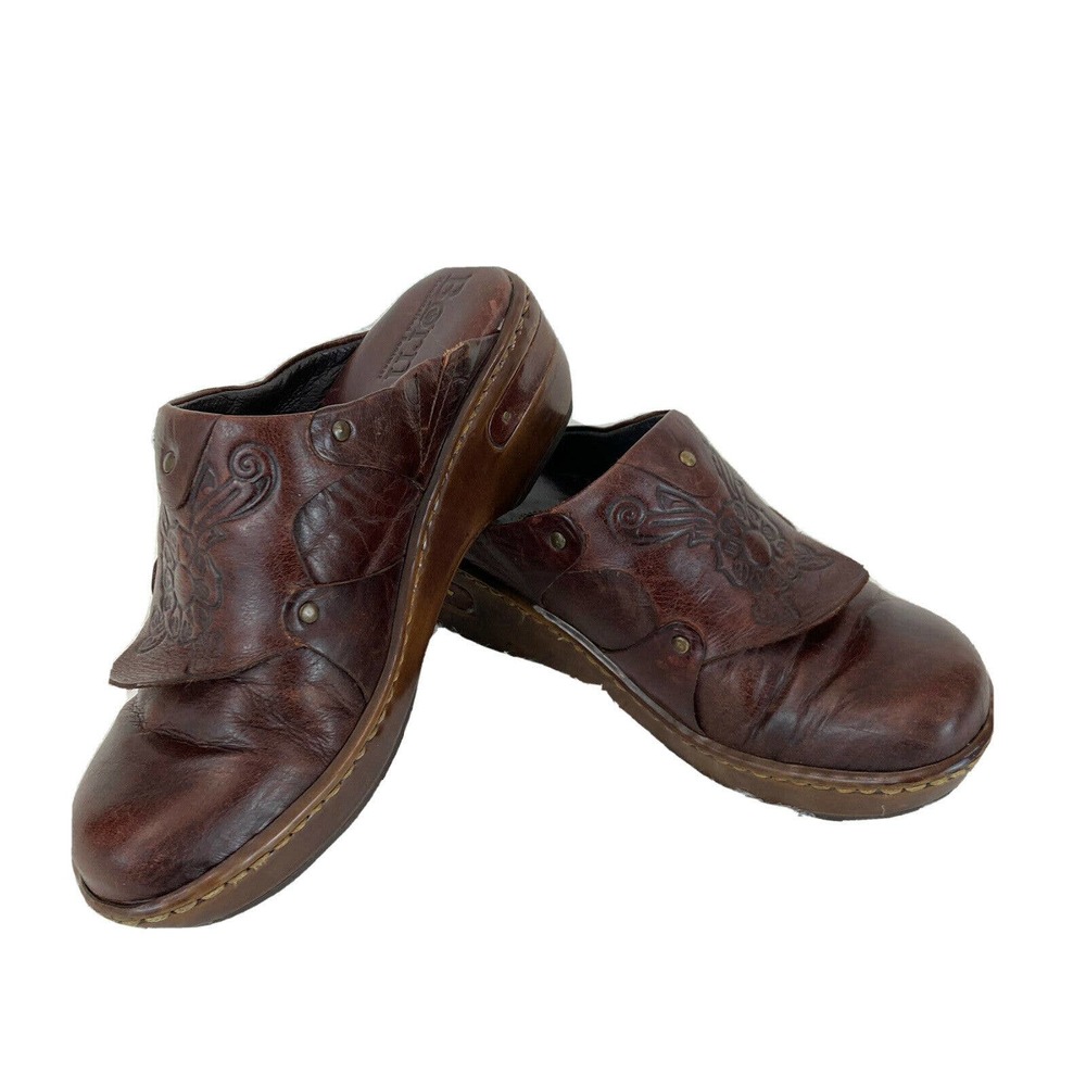 Born Women’s Sz 7 Embossed Floral Brown Leather Clog Mules Slip On Shoes W82055